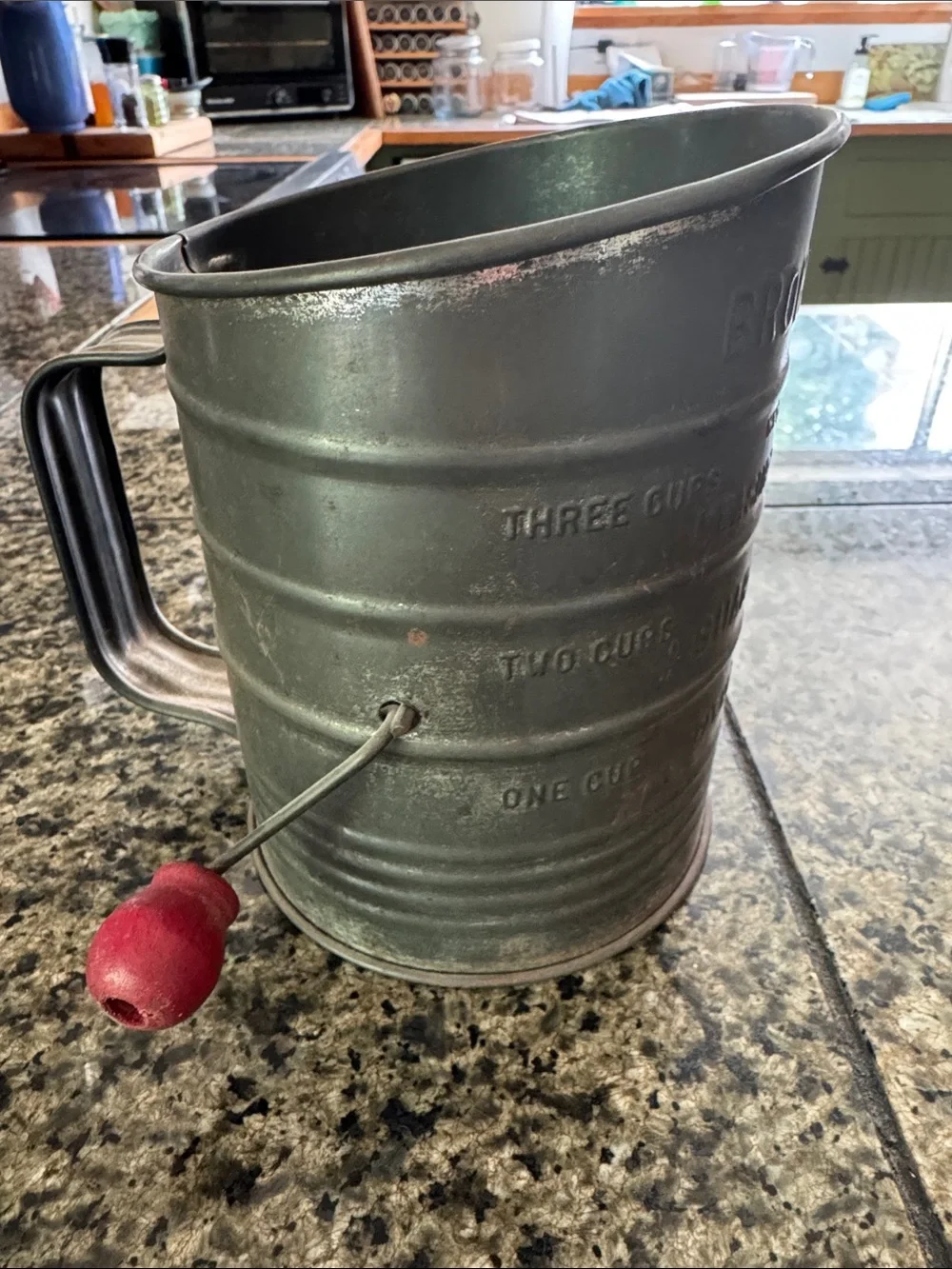 Bromwell’s Vintage Flour Sifter Metal with red wooden handle
